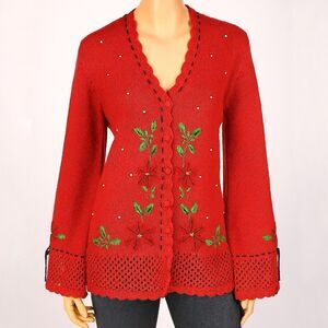 Ugly Sweater Cardigan Women’s Large Red Cable Knit Embroidered Beaded Christmas